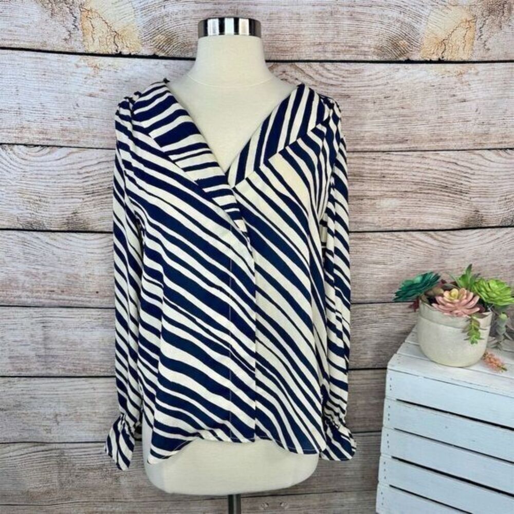 Ann Taylor Women's Zebra Stripe Tie Neck Blouse Navy Size Small